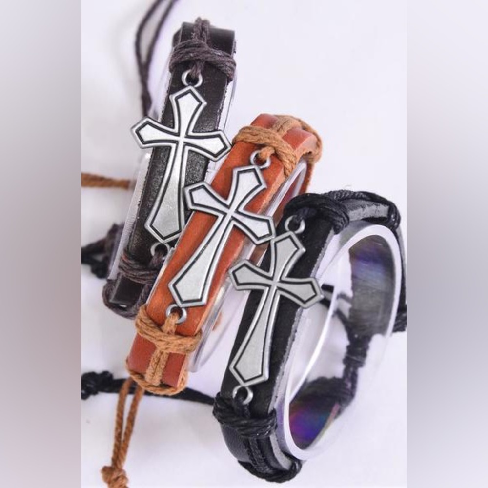23114 Real Leather Band Sideways Cross Bracelets Wholesale Lot